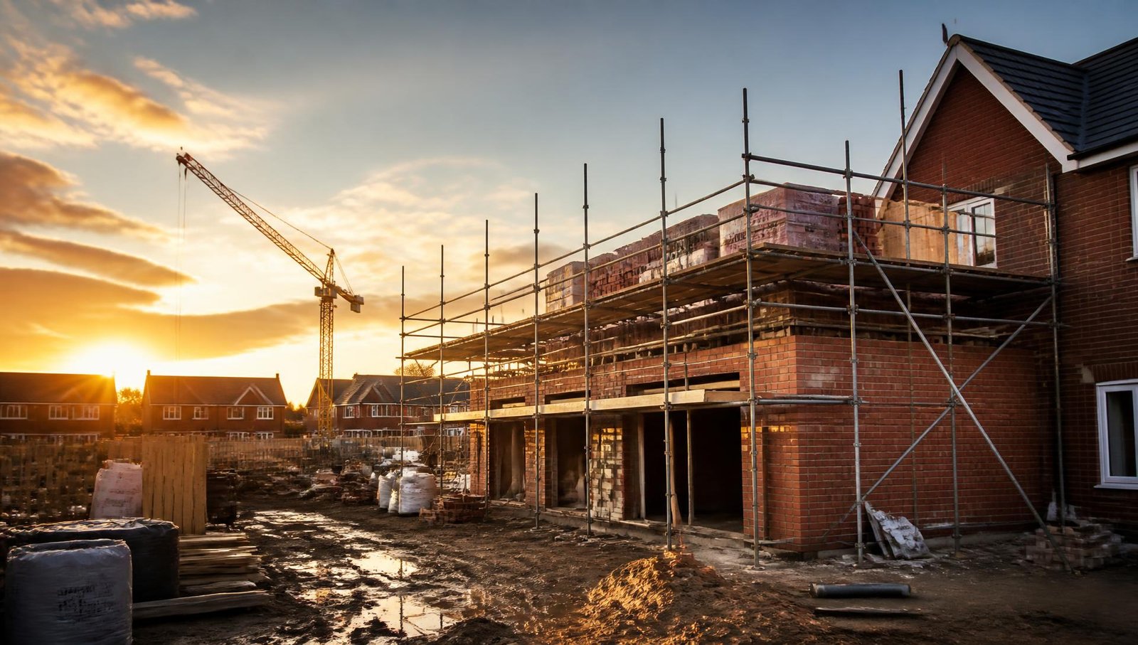 Construction site with scaffolding on a new build home at sunset