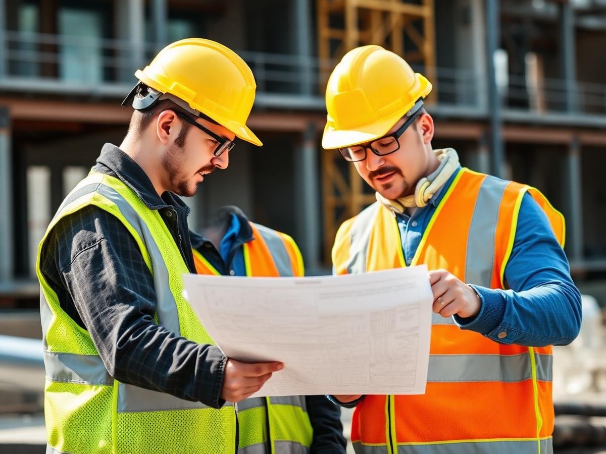 Site managers reviewing drawings on a building site
